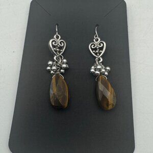Tiger Eye Gemstone Drop Dangle Earrings Heart Design Silver Plated Handmade